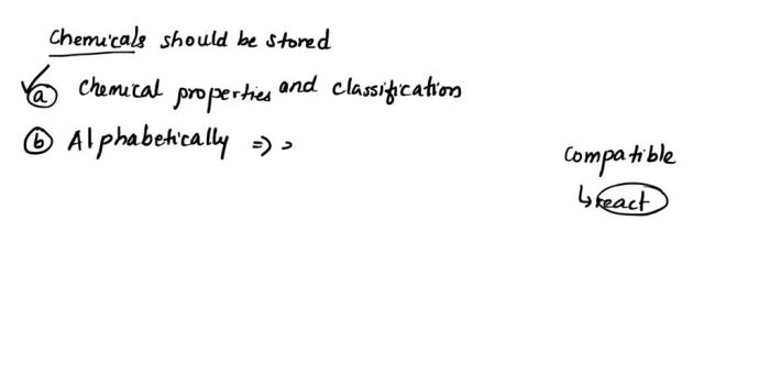 SOLVED: Chemicals should be stored a. According to their chemical ...